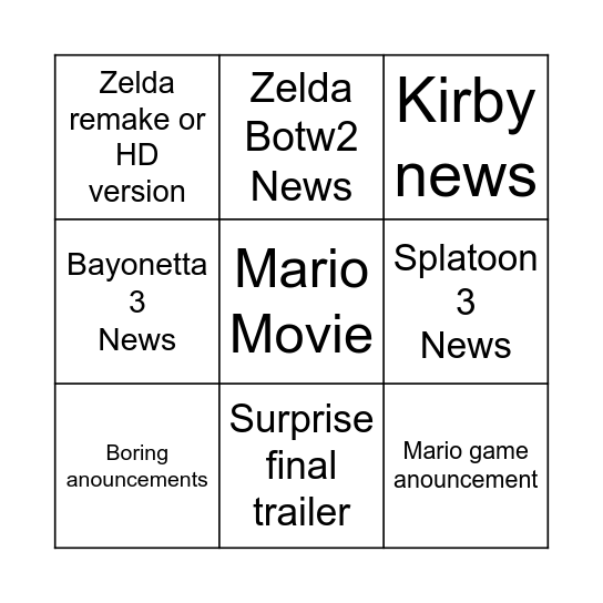 Nintendo Direct 09/02/2022 Bingo Card