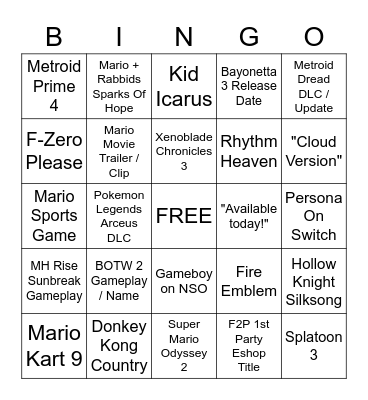 MP Nintendo Direct Bingo Card