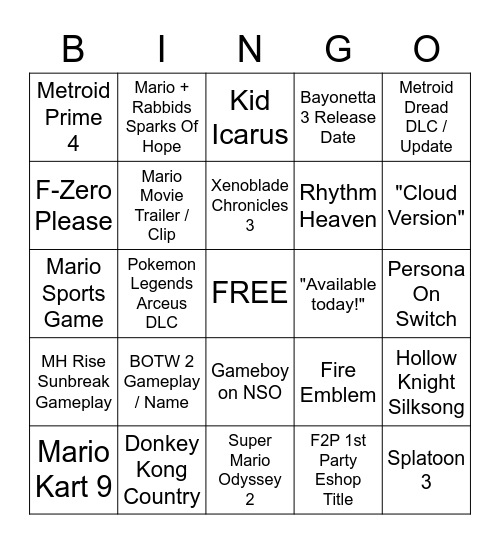 MP Nintendo Direct Bingo Card