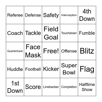 Super Bowl Bingo Card