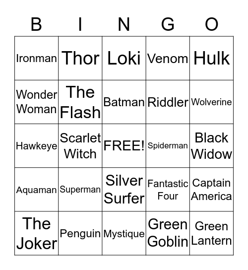 Superhero & Villains Bingo Card