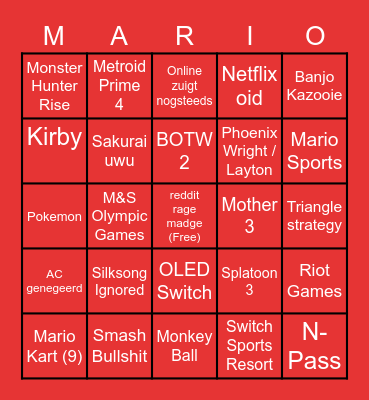 Nintendo Direct Bingo Card