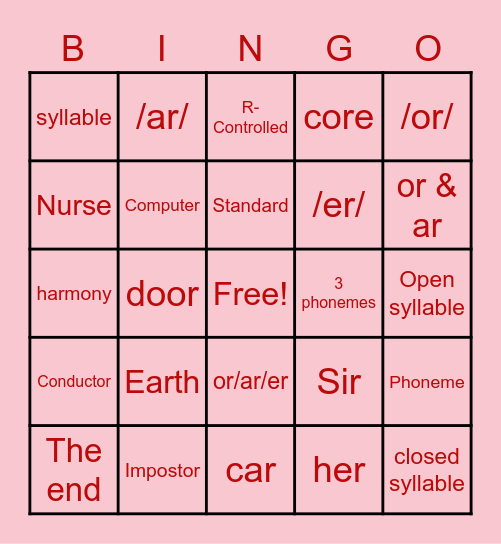 R-Controlled Valentines Bingo Card