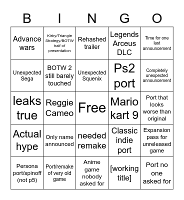 Nintendo Direct Bingo Card