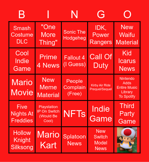 Nintendo Direct Predictions Bingo Card