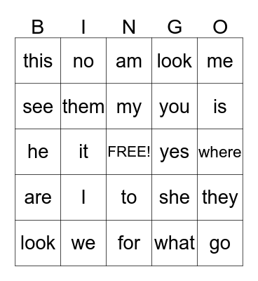 sight words Bingo Card