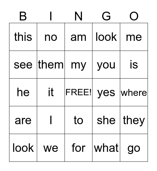 sight words Bingo Card