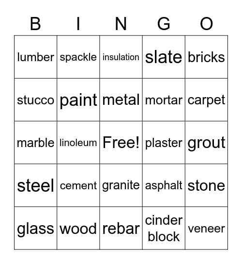 Building Materials Bingo Card