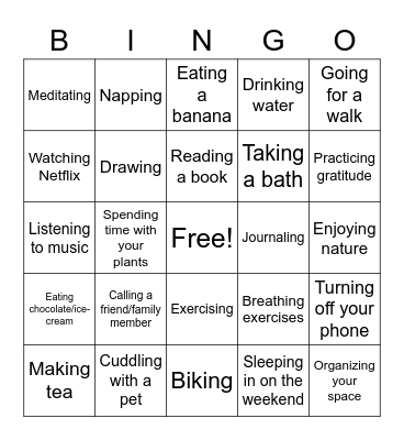 Self-care activities Bingo Card