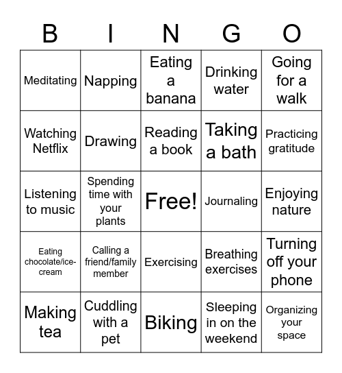 Self-care activities Bingo Card