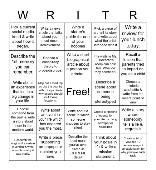 Creative Writing Bingo Card