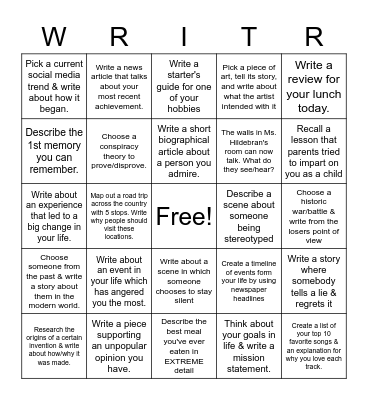 Creative Writing Bingo Card