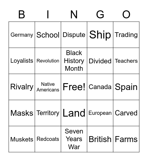 French and Indian War Bingo Card