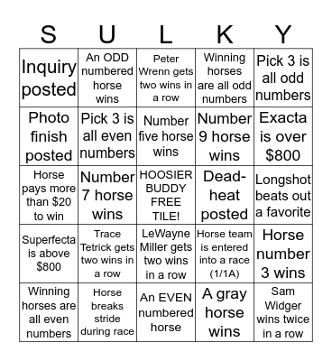 Hoosier Park Harness Racing Bingo Card