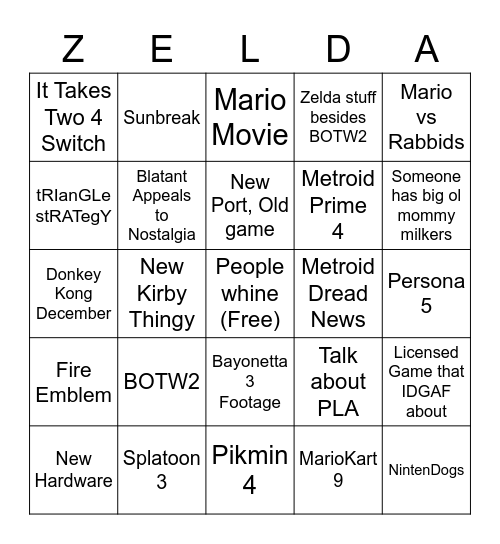 Nintendo Direct bbbbbb Bingo Card