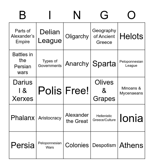 Greece Bingo Card