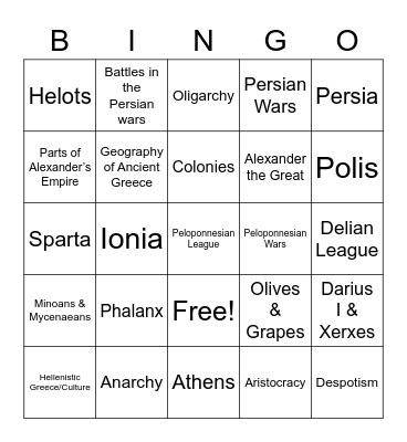 Greece Bingo Card