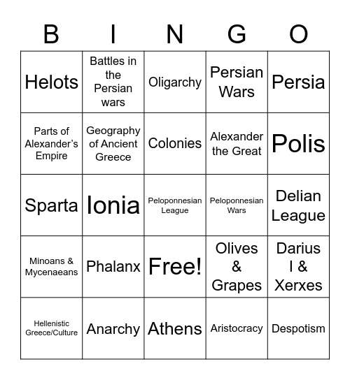 Greece Bingo Card