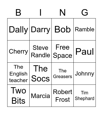 The Outsiders Characters Bingo Card