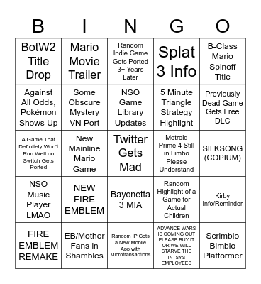 NINTENDO DIRECT Bingo Card