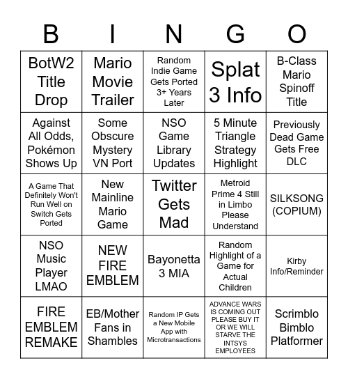 NINTENDO DIRECT Bingo Card