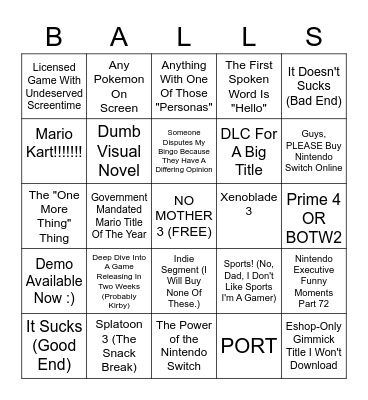 Nintendo Still Sucks Bingo Card