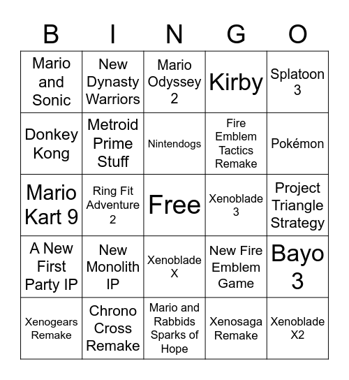 Nintendo Direct Bingo Card