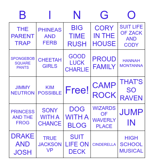 DIsney & Nickeloden  Bingo Card