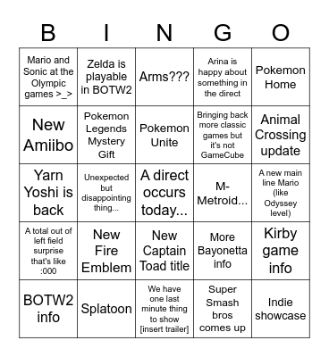 Nintendo Direct Bingo Card