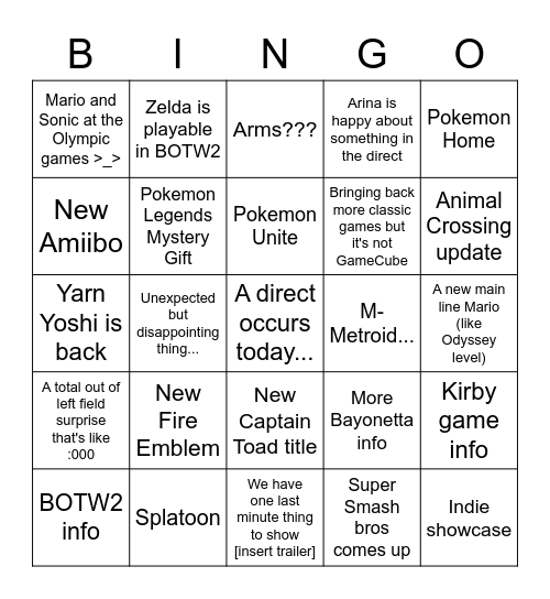 Nintendo Direct Bingo Card