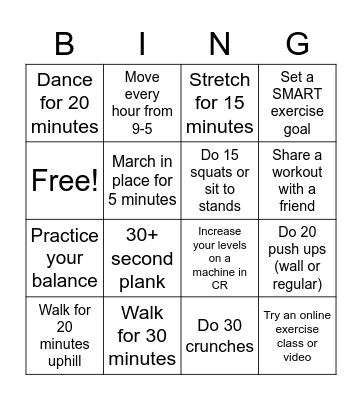 Physical activity bingo Card