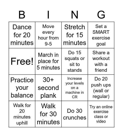Physical activity bingo Card