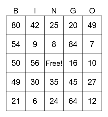 Multiplication Bingo Card