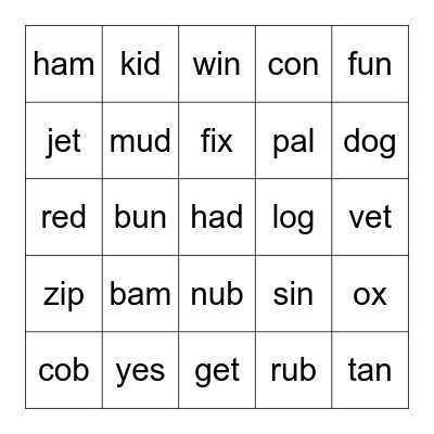 CVC WORDS Bingo Card