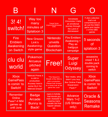 Nintendo Direct Bingo Card