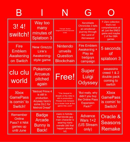 Nintendo Direct Bingo Card