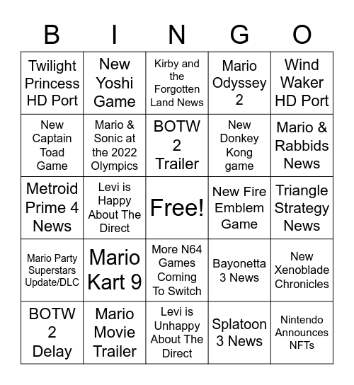 NINTENDO DIRECT Bingo Card