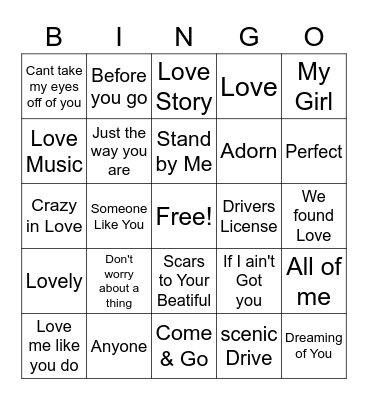 Love Song Bingo Card