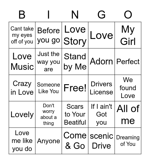 Love Song Bingo Card