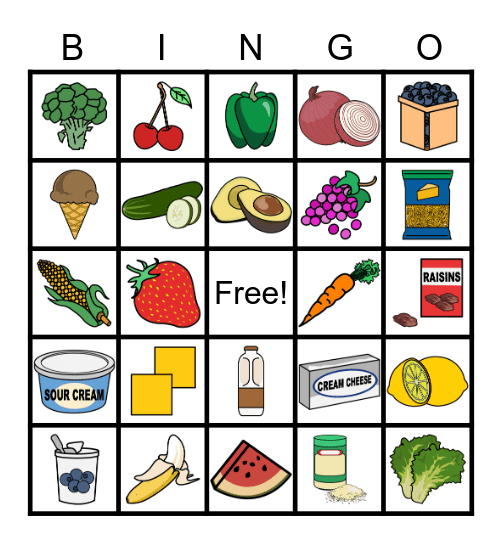 Fruits, Vegetables, and Dairy Bingo Card