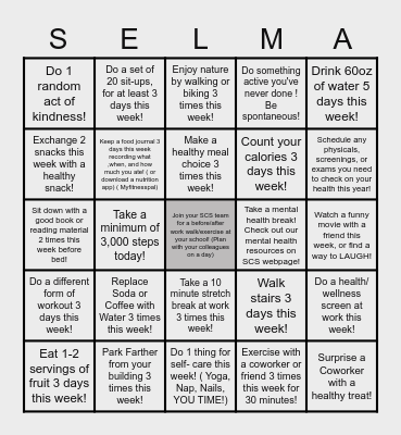 Selma City Schools Wellness Bingo Challenge! Bingo Card