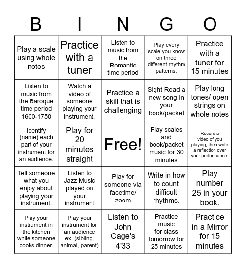 February Practice Bingo Card