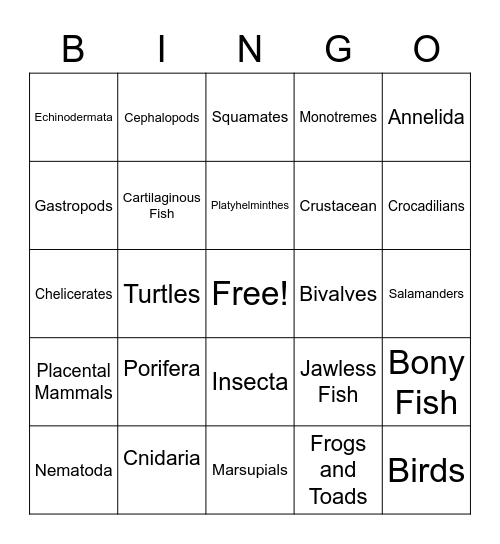 Animal Bingo Card
