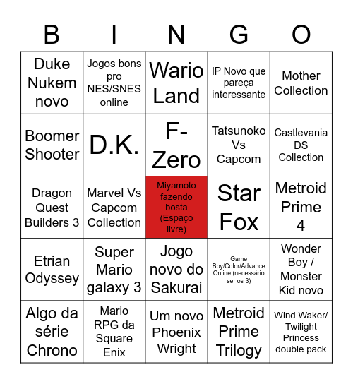 Coisas impossíveis que o Marvin quer do Nintendo Direct Bingo Card