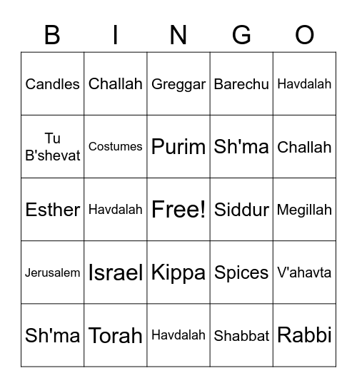 Family Shabbat February Bingo Card
