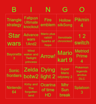 Nintendo direct 2022 Bingo Card