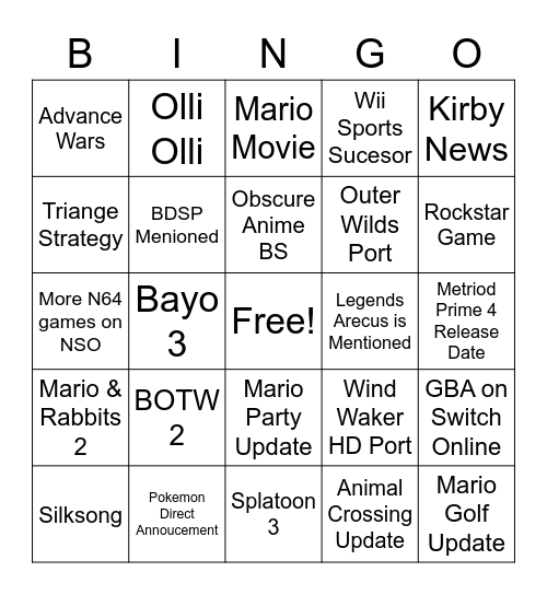 Nintendo Direct Bingo Card