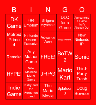 Nintedndo Direct 2/9/2022 Bingo Card