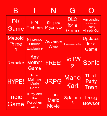 Nintedndo Direct Bingo Card Bingo Card