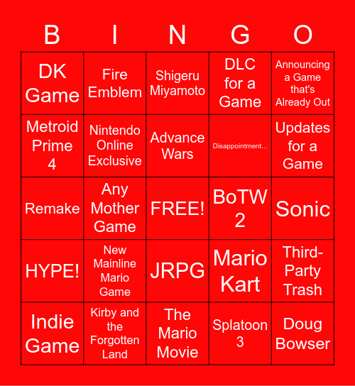 Nintedndo Direct Bingo Card Bingo Card